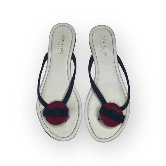 Kate Spade KSNY Thong Button + Bow Flat Leather Sandals Red White Blue 8M - Picture 8 of 16
